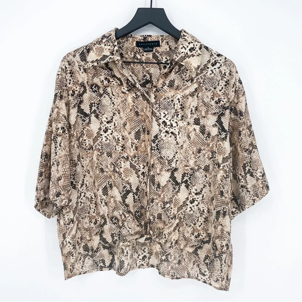 Sanctuary Snakeskin Boxy Front Tie Button Down Blouse Brown Medium